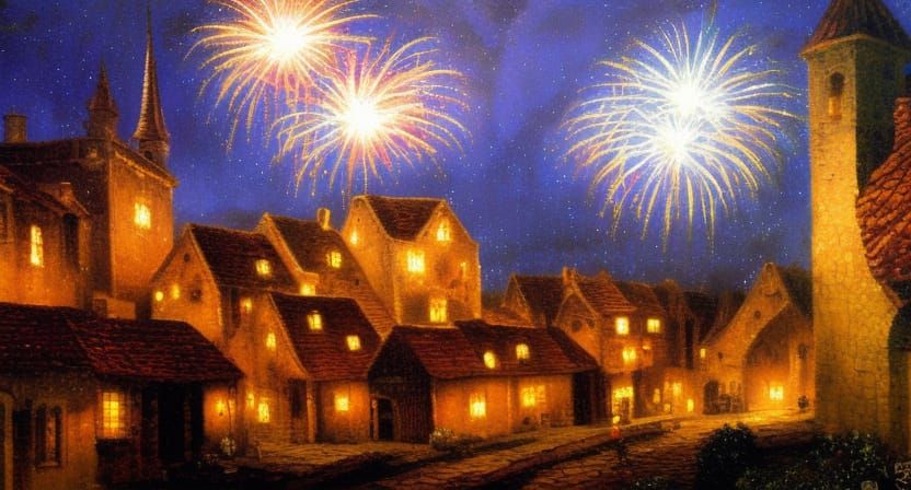 Fireworks Over Medieval Village: Oil Painting