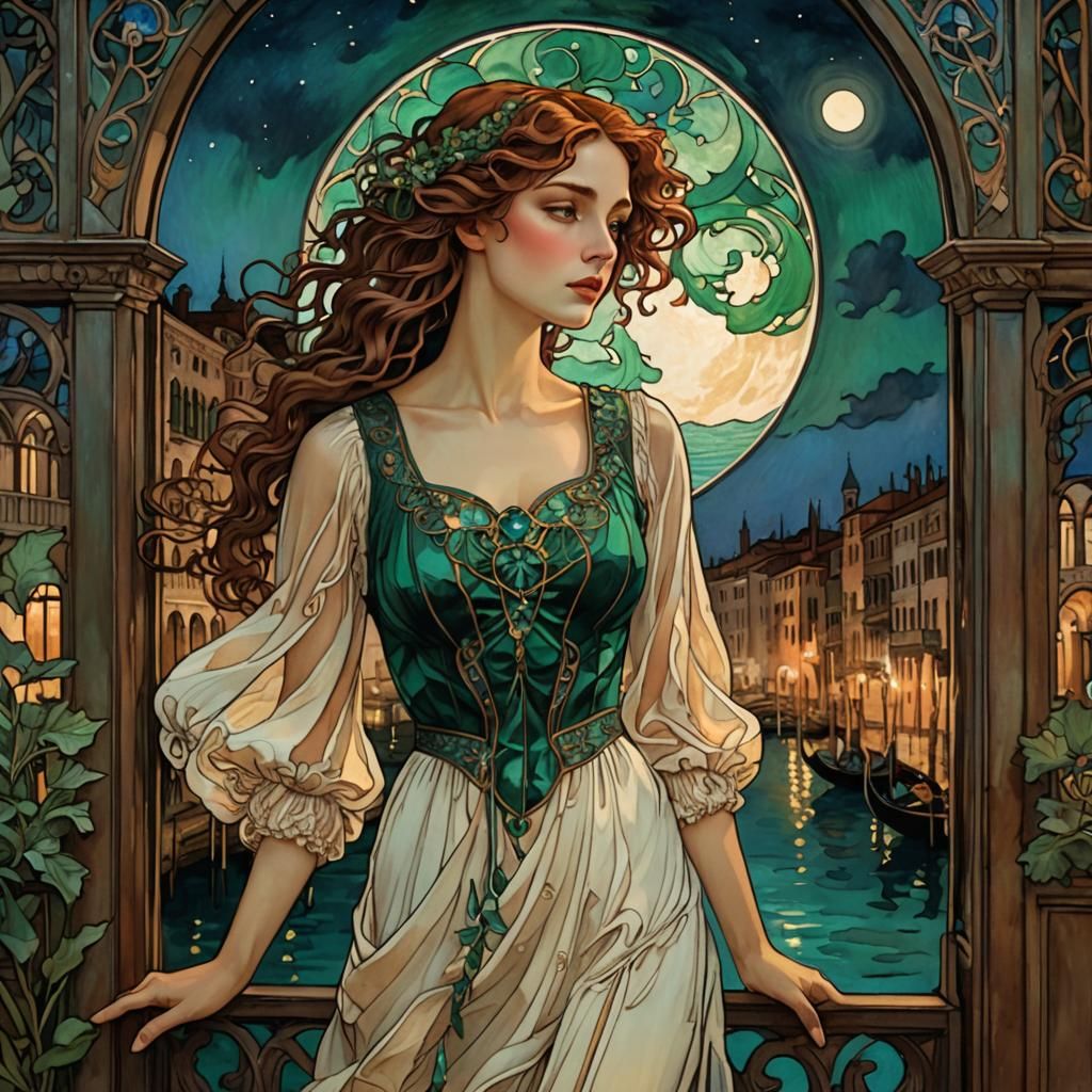 Art Nouveau Woman Overlooking Moonlit Venice