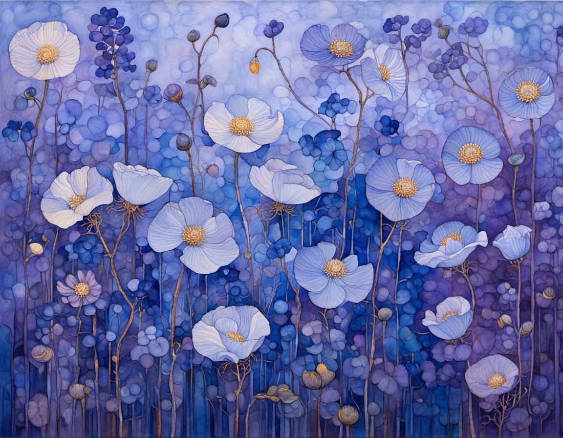 Blue Translucent Flowers in Purple Light, Art Nouveau Style
