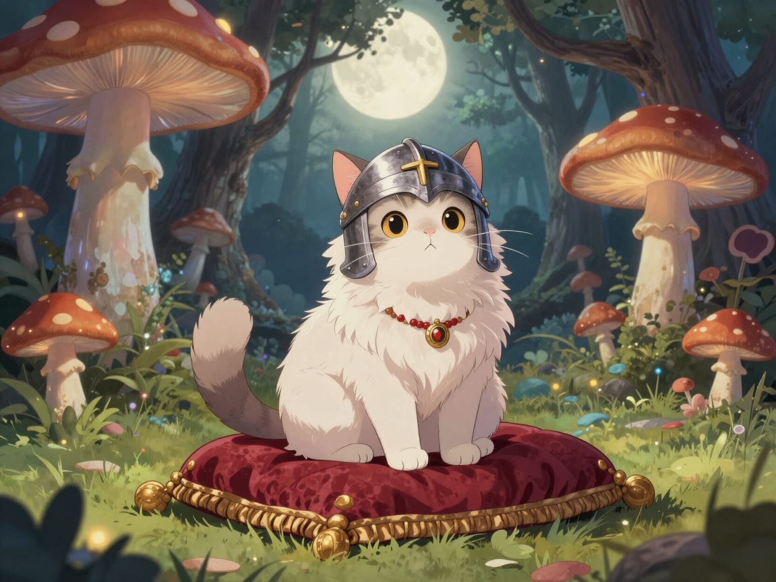 Fluffy Cat Knight in Enchanted Forest