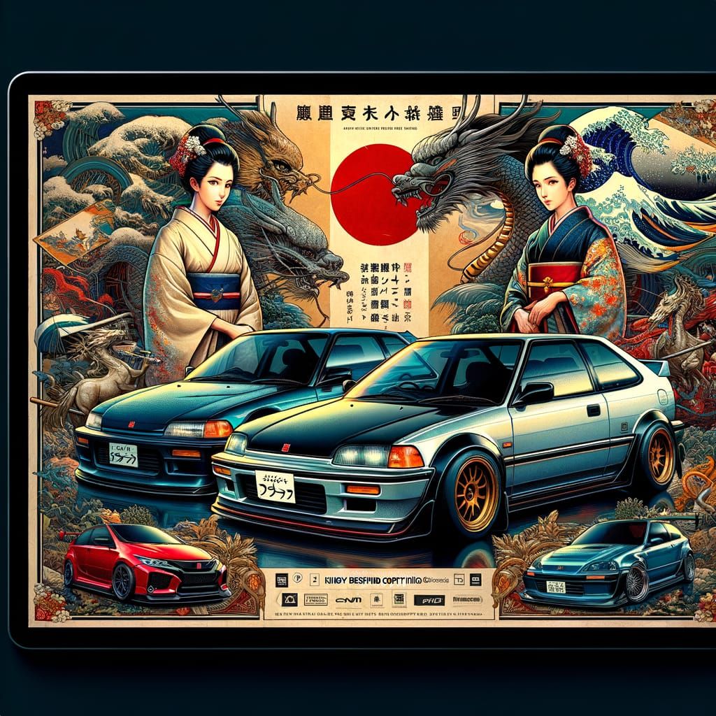 Vintage Japanese Car Poster with Civic FD2R Style