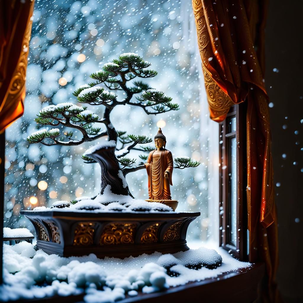 Elegant Buddha Statue with Fireworks, Diorama Style