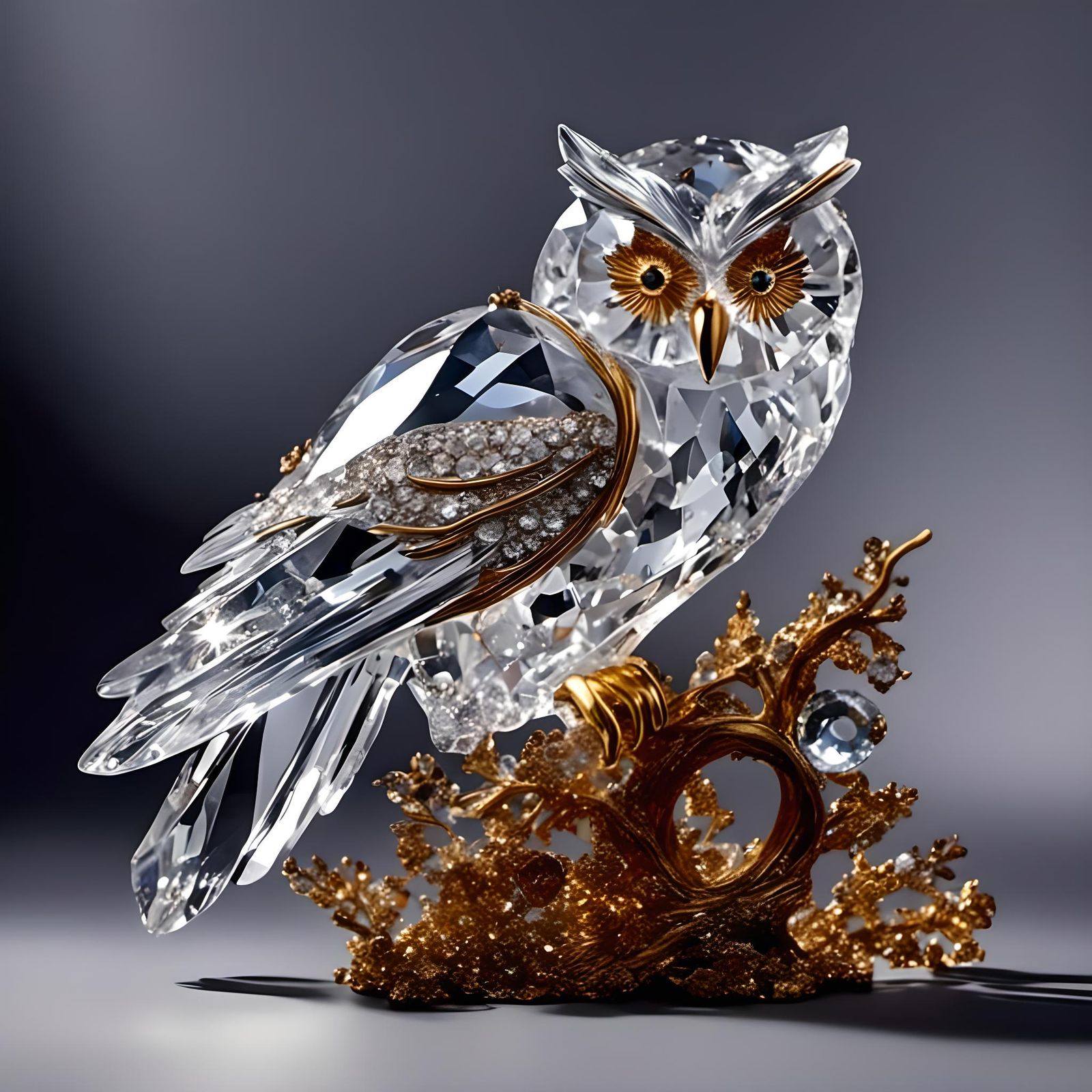 Crystal Owl in Dark Forest, Cut Crystal Style