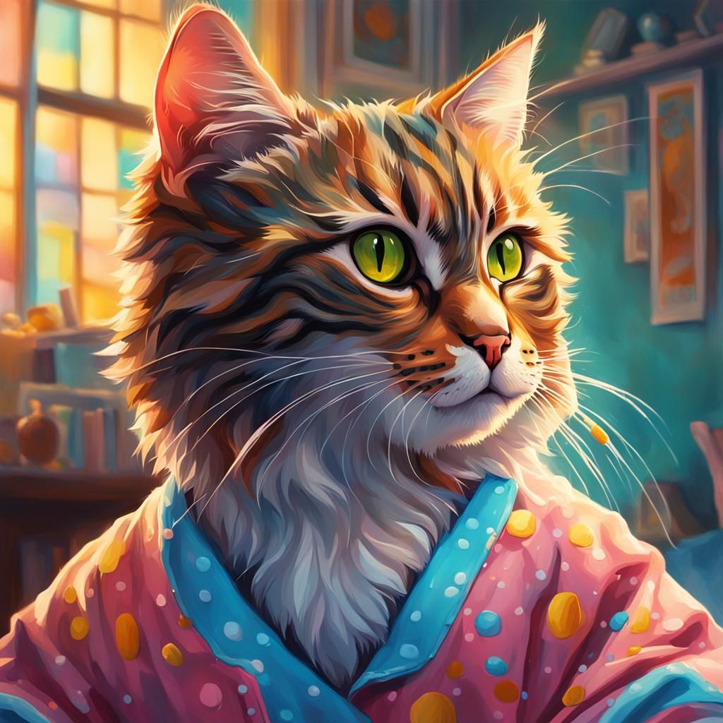 Hyperrealistic Cat in Pyjamas Splash Art