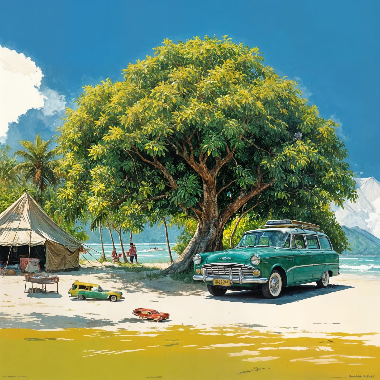 Vintage Car and Tent on Tropical Beach, Rockwell Style