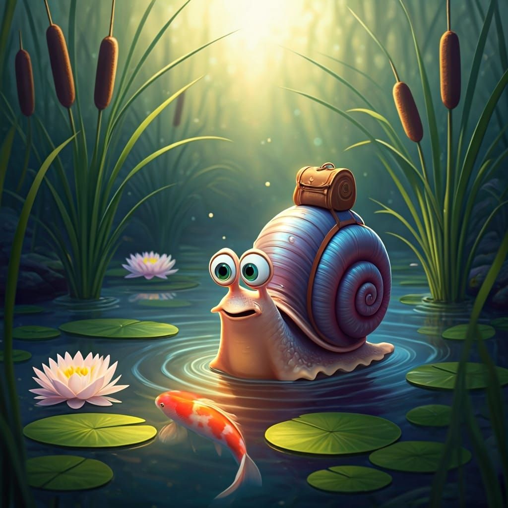 Cartoon Snail and Koi Fish in Pond