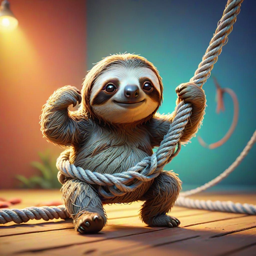Sloth Crawling on Rope in Pixar Style