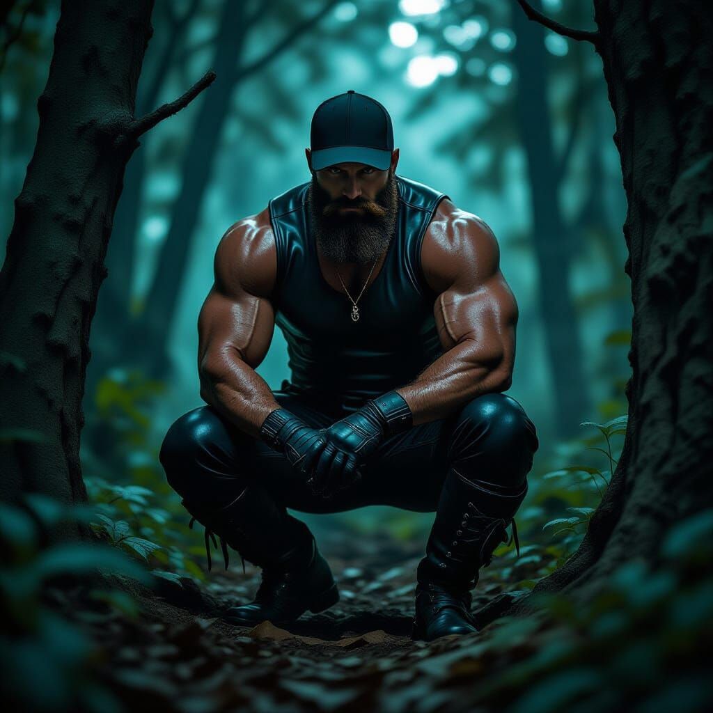 Muscular Man in Leather Hiding in Dark Forest