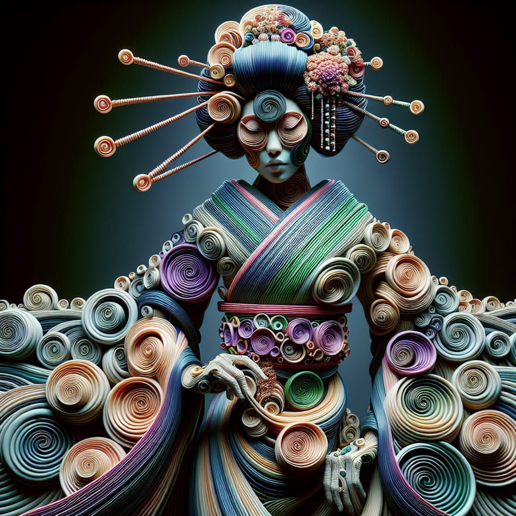 Surreal Geisha in Whirling Spirals of Traditional Japanese B...