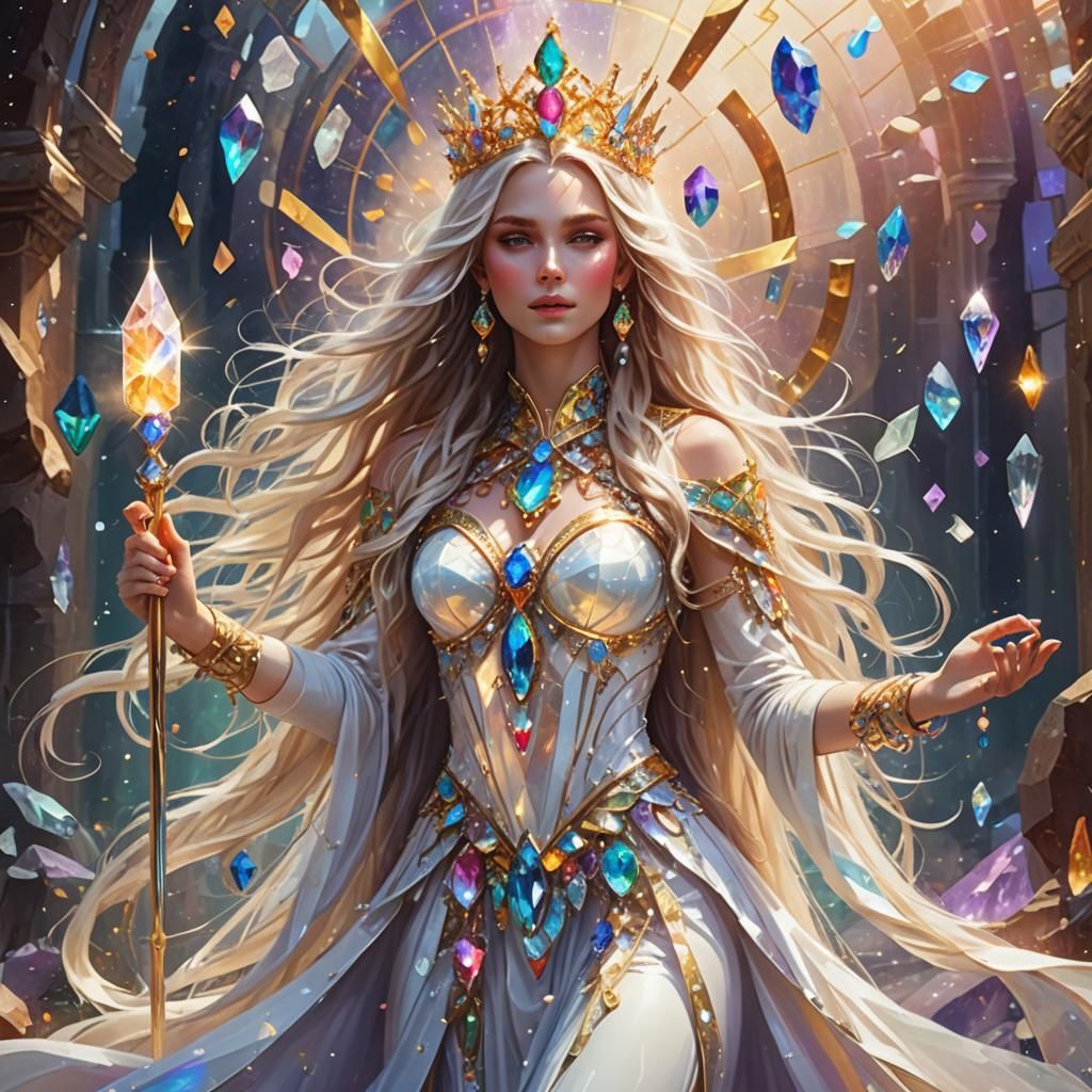 Goddess with Crystal Scepter and Gemstone Dress