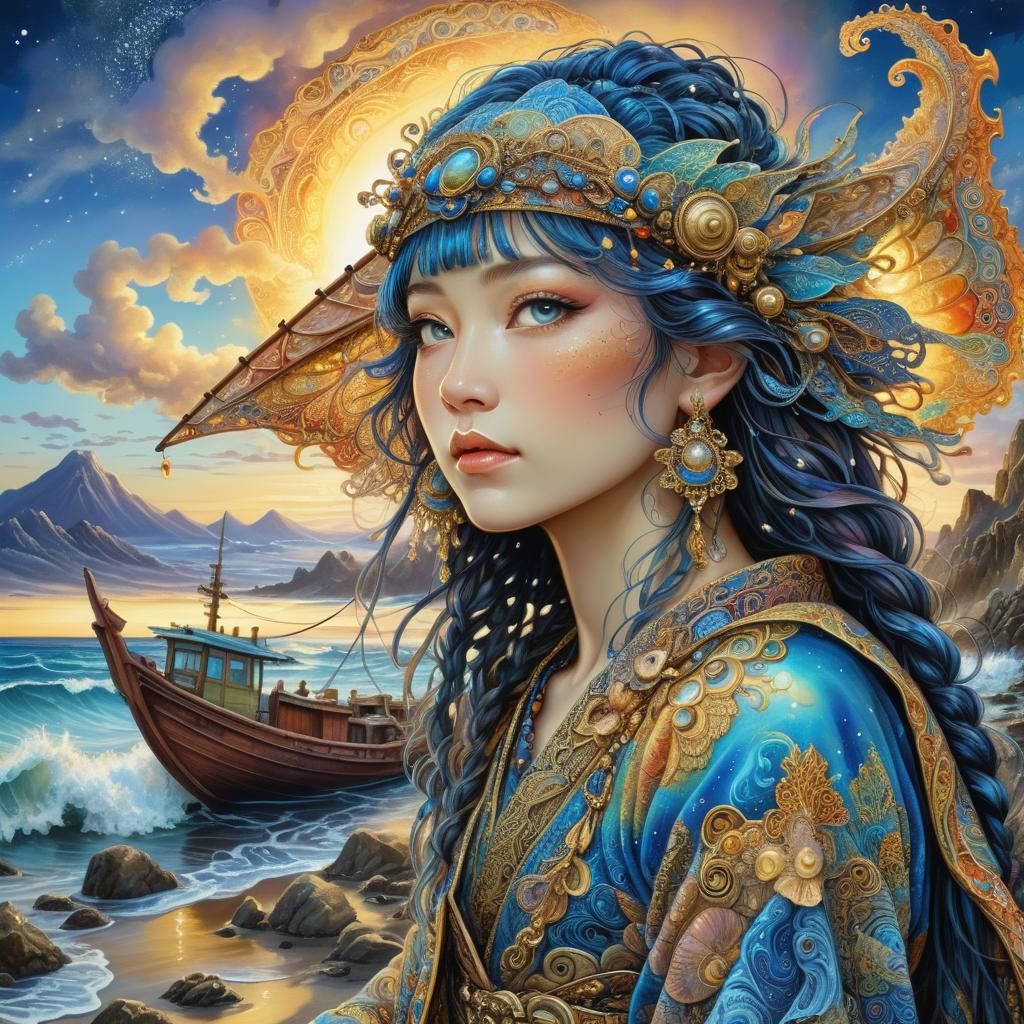 Japanese Fisherman on Turbulent Shoreline, Zentangle Sky