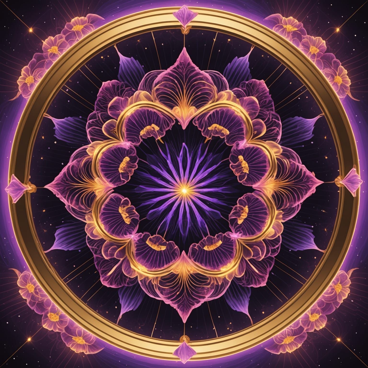 Electromagnetic Heart of Flowers in Gold, Pink and Purple