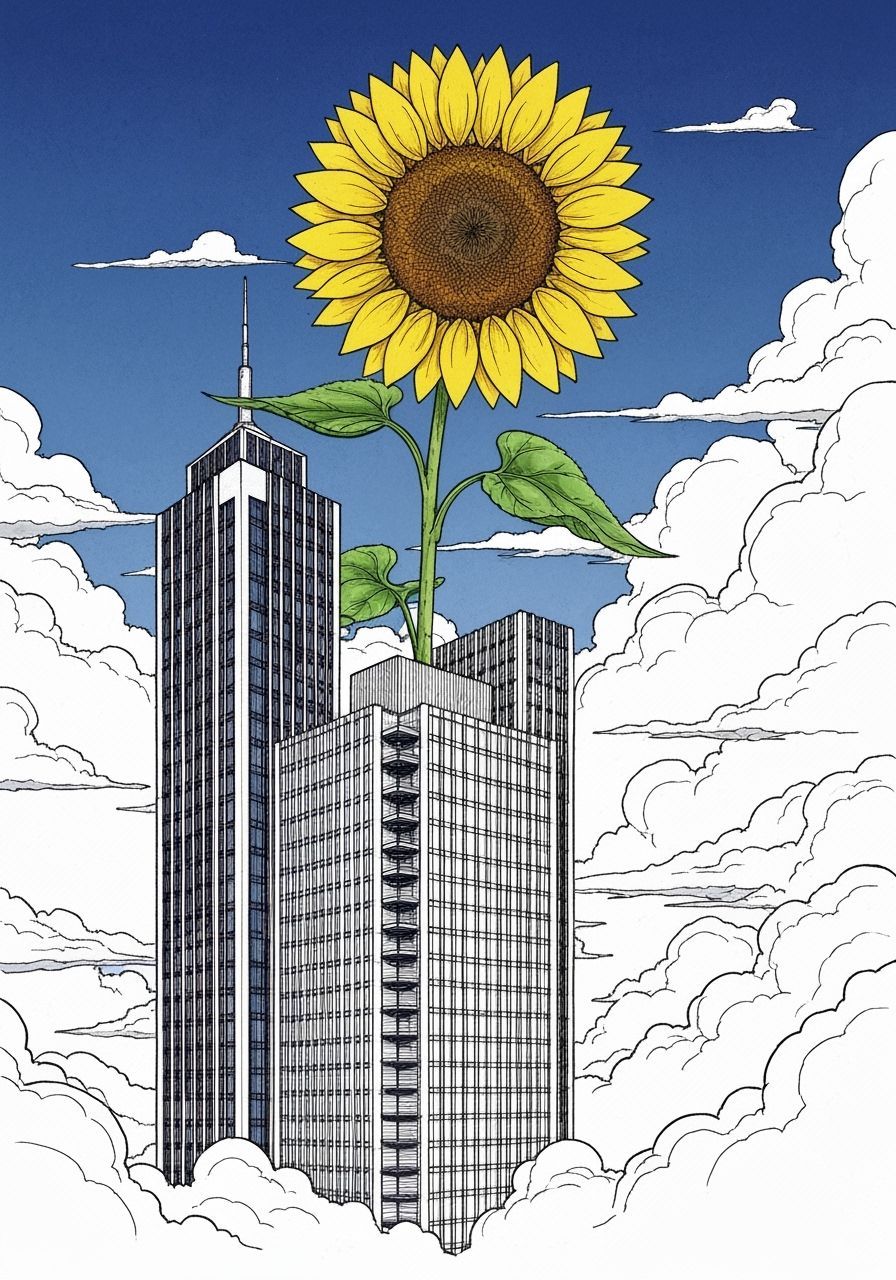 Giant Sunflower on Skyscraper: Pen and Ink Drawing