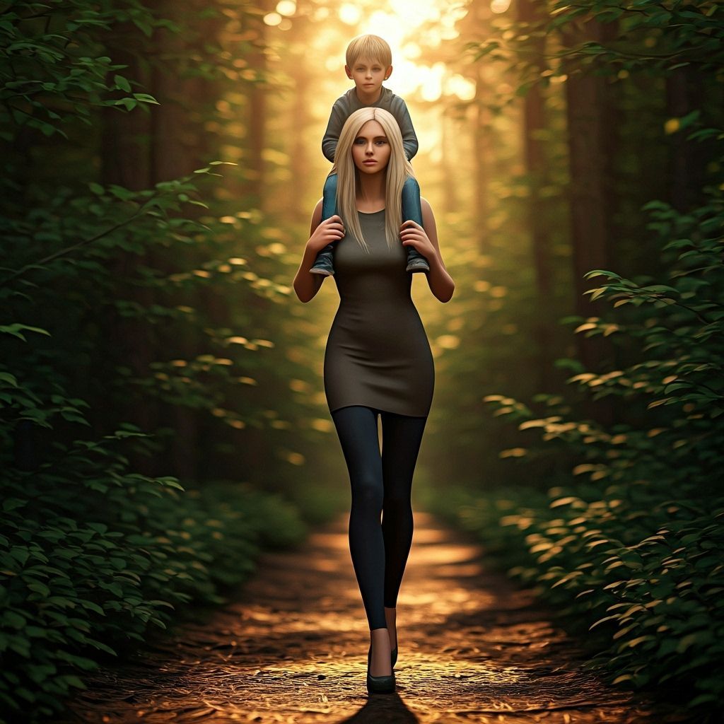 Woman Carrying Boy Through Sunlit Forest