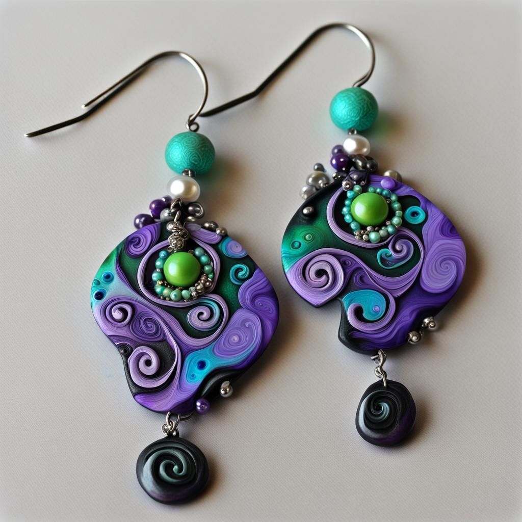 Ornate Polymer Clay Earrings with Beads and Crystals