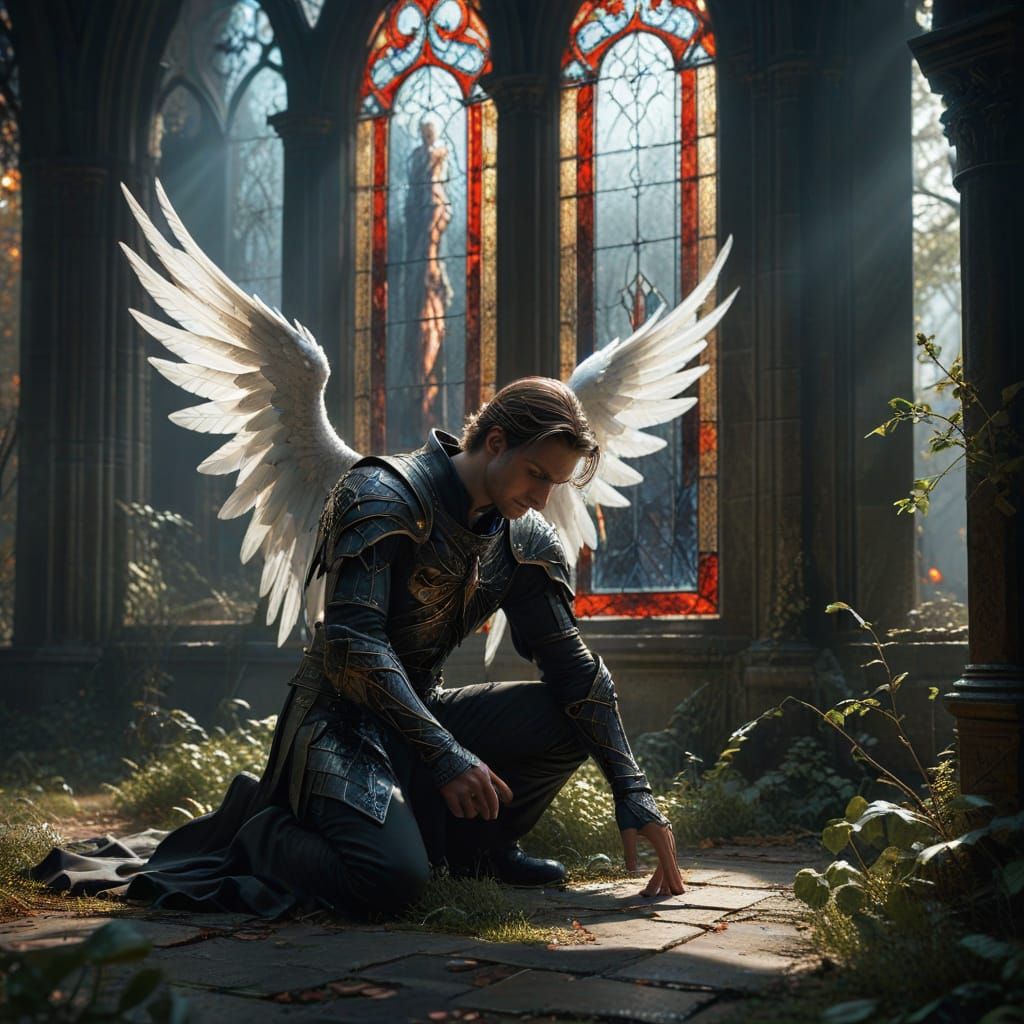 Devil Kneeling Under Ornate Stained Glass Window