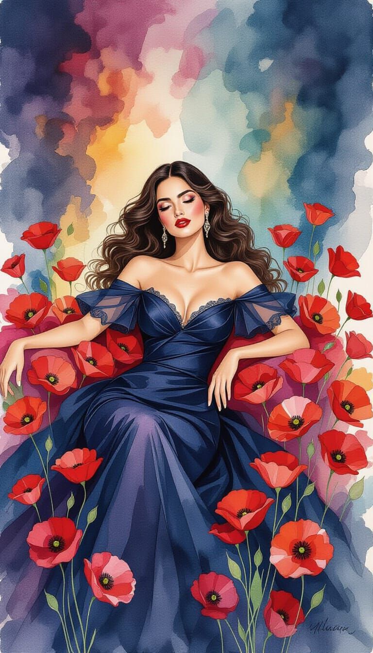 Latin Woman in Poppies, Watercolor and Ink Style