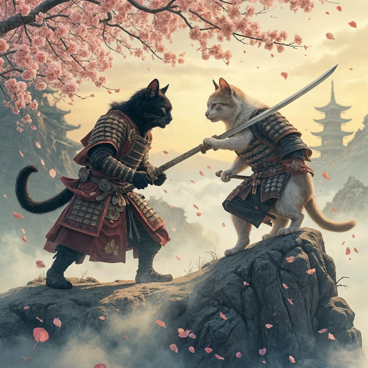 Samurai Cats Duel on Misty Peak