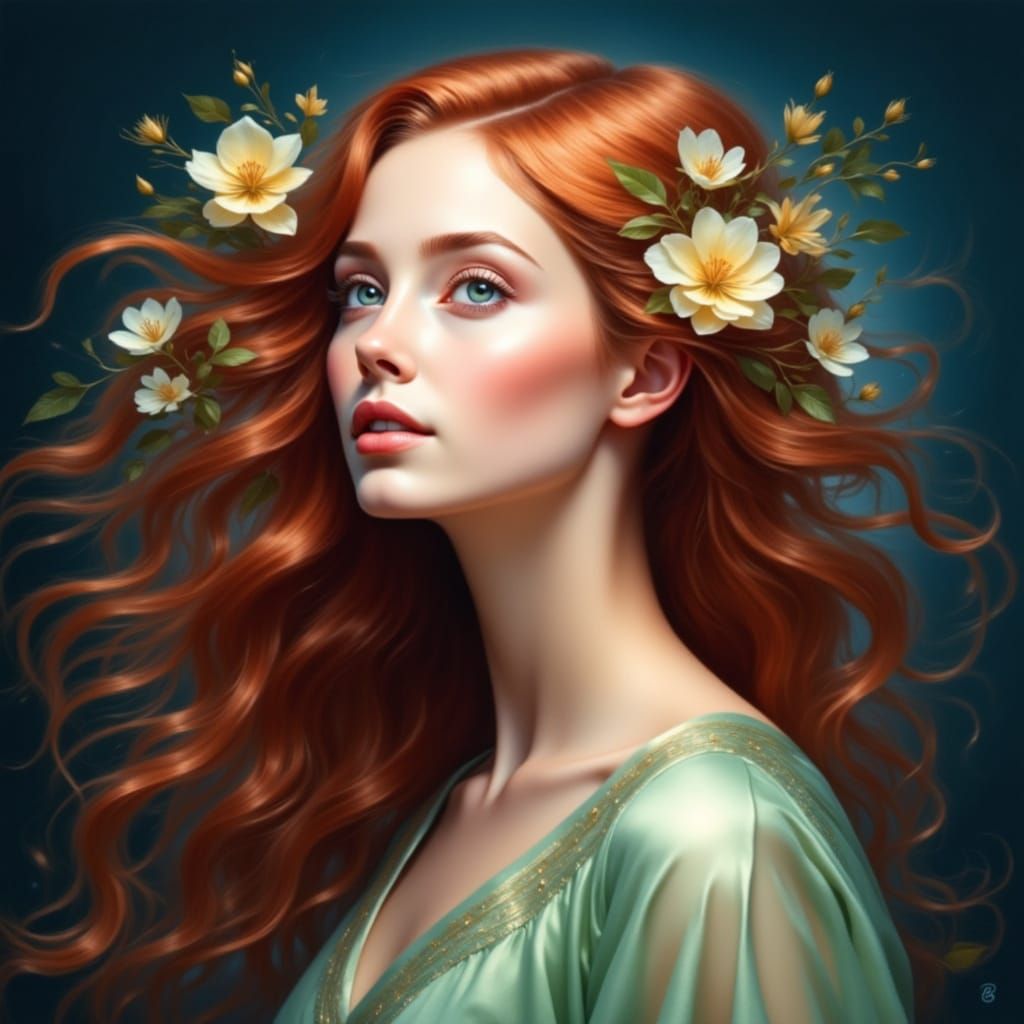 Flowing auburn locks cascade like around a woman's delicate ...