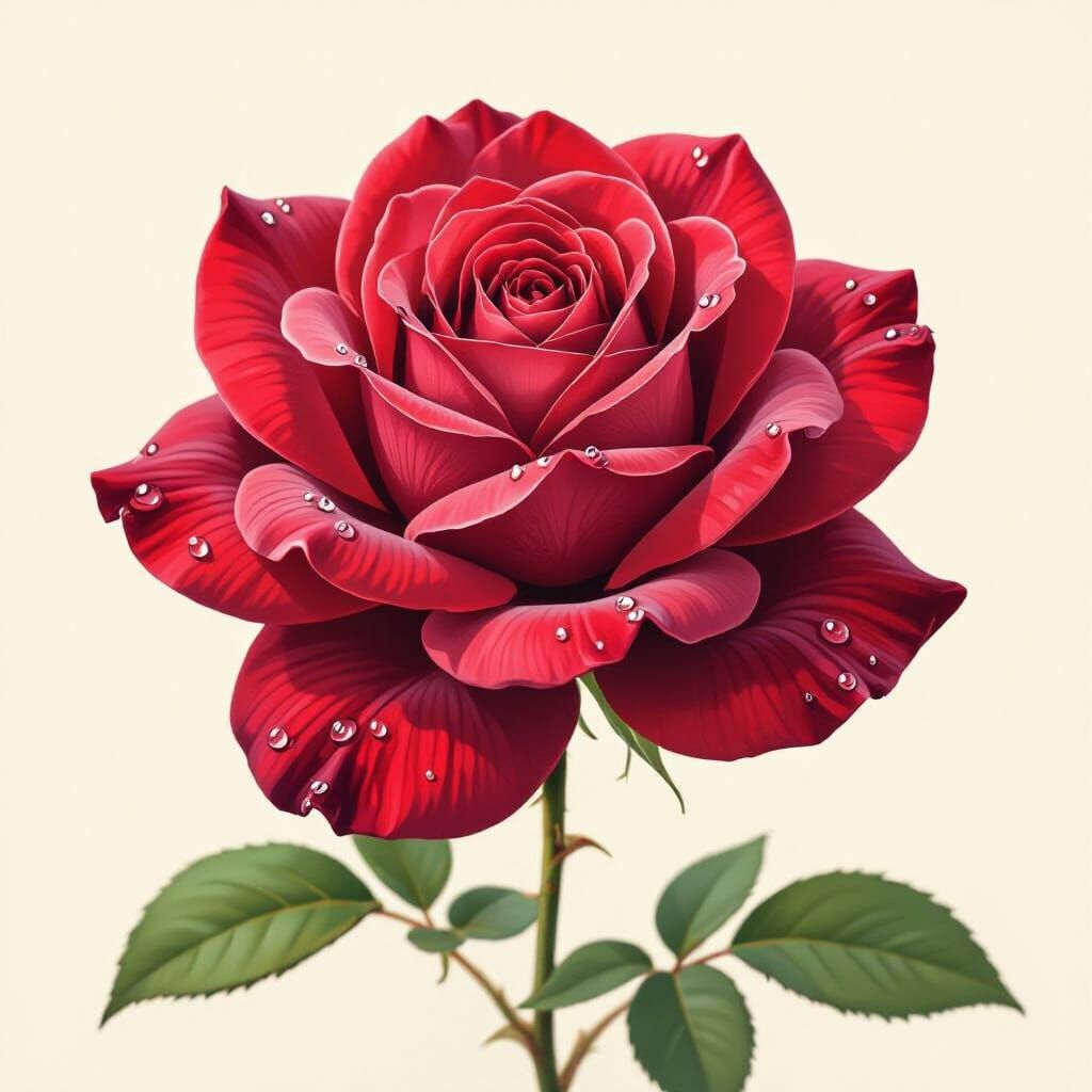Botanical Illustration of a Crimson Rose with Dewdrops