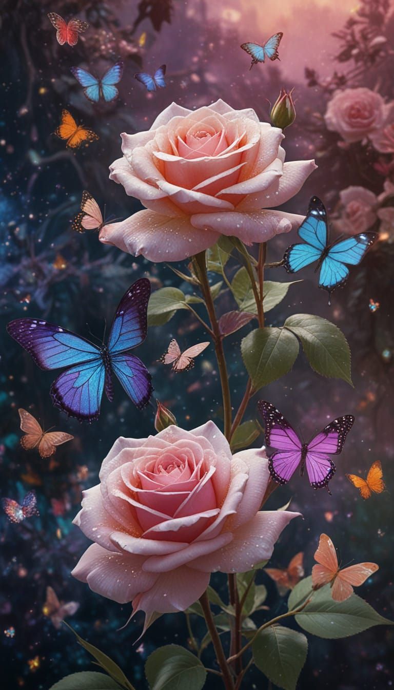 Ethereal Roses Bloom in Cosmic Vortex of Butterflies and Spa...