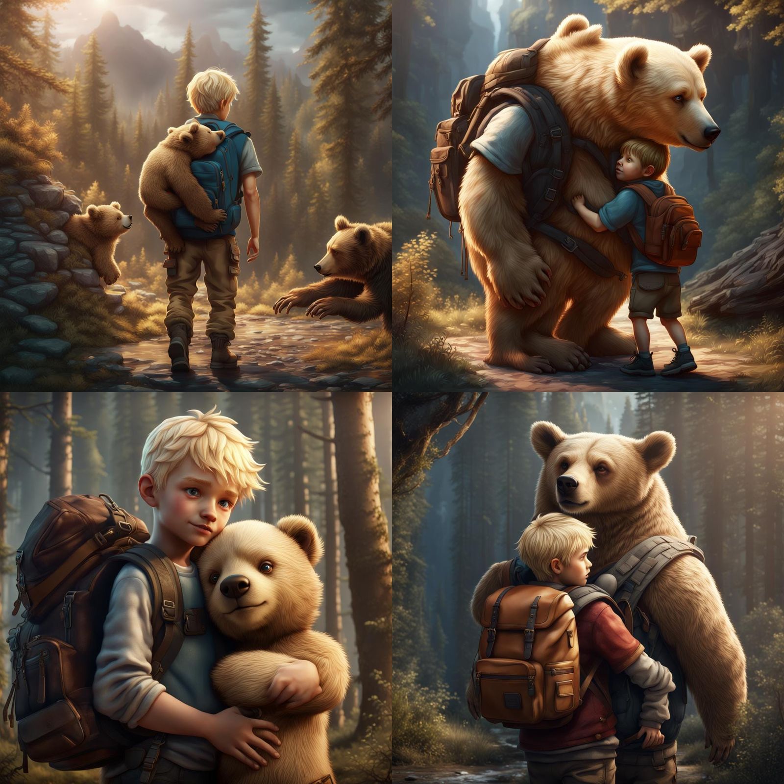 Blond Boy Hugs a Bear: Detailed Matte Painting