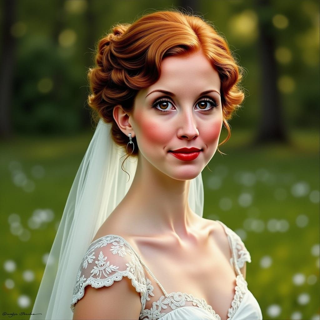Beautiful Bride with Auburn Pixie Cut, Christy-Style Oil Pai...