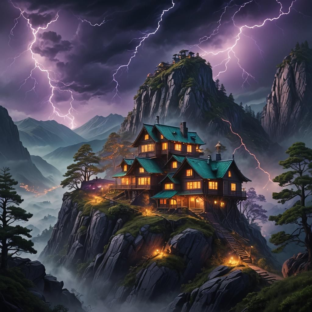 Mysterious Glowing House on Misty Mountain Peak
