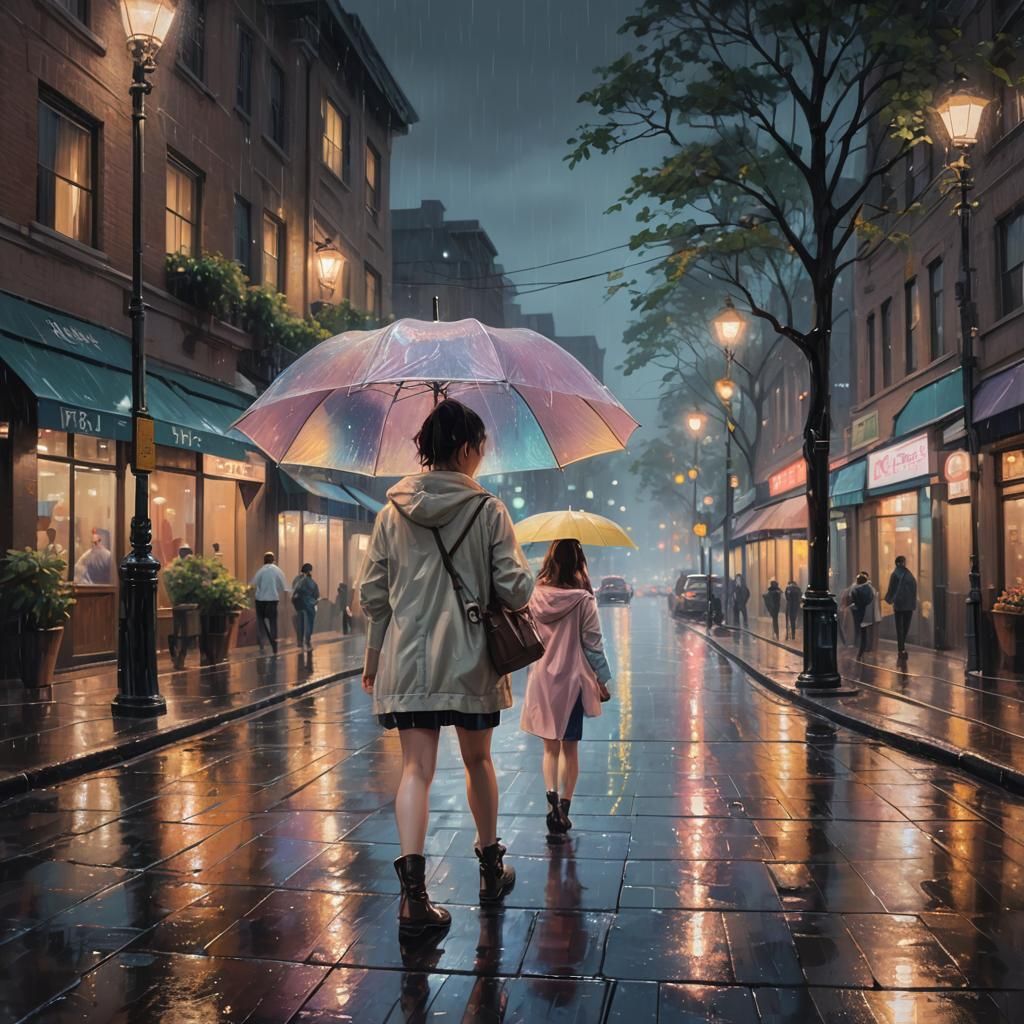 Beautiful Rainy Night in Pastel Oil Painting Style