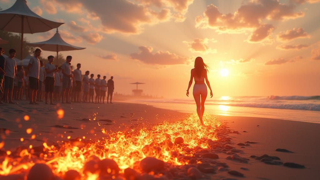 Anime Style Firewalker on Beach at Sunset
