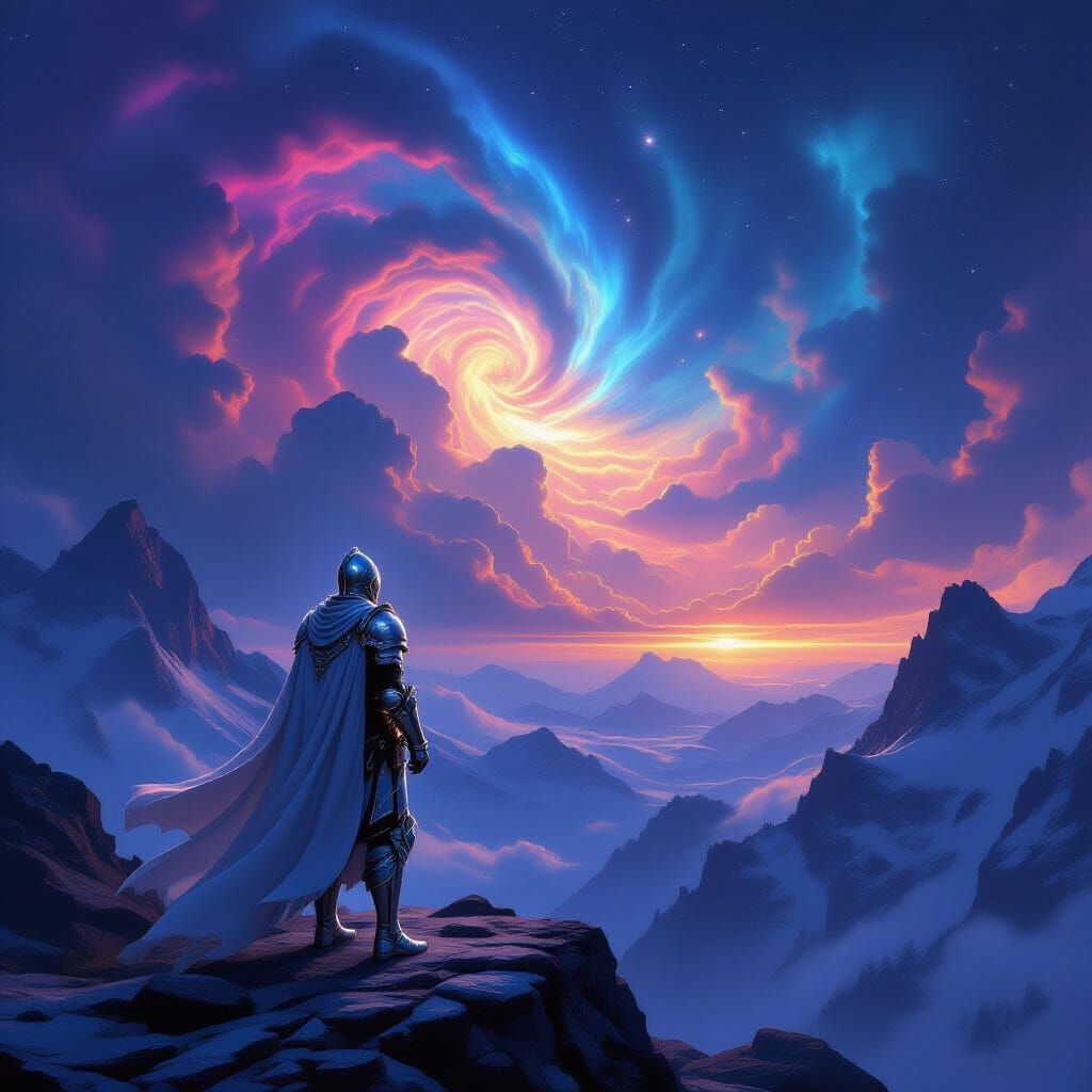 Knight Gazing at Cosmic Nebula on Mountain Peak