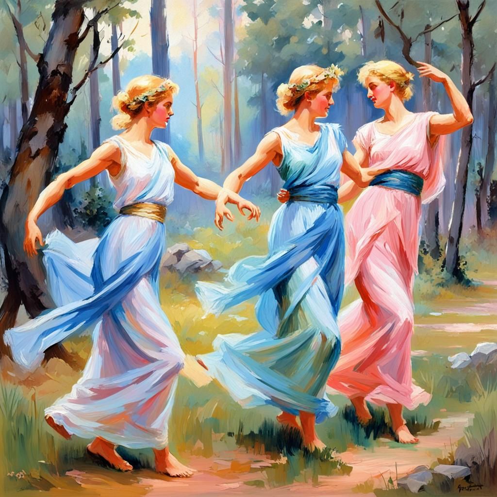 Three Graces Dancing in Ancient Greece, Dreamy Pastel Art