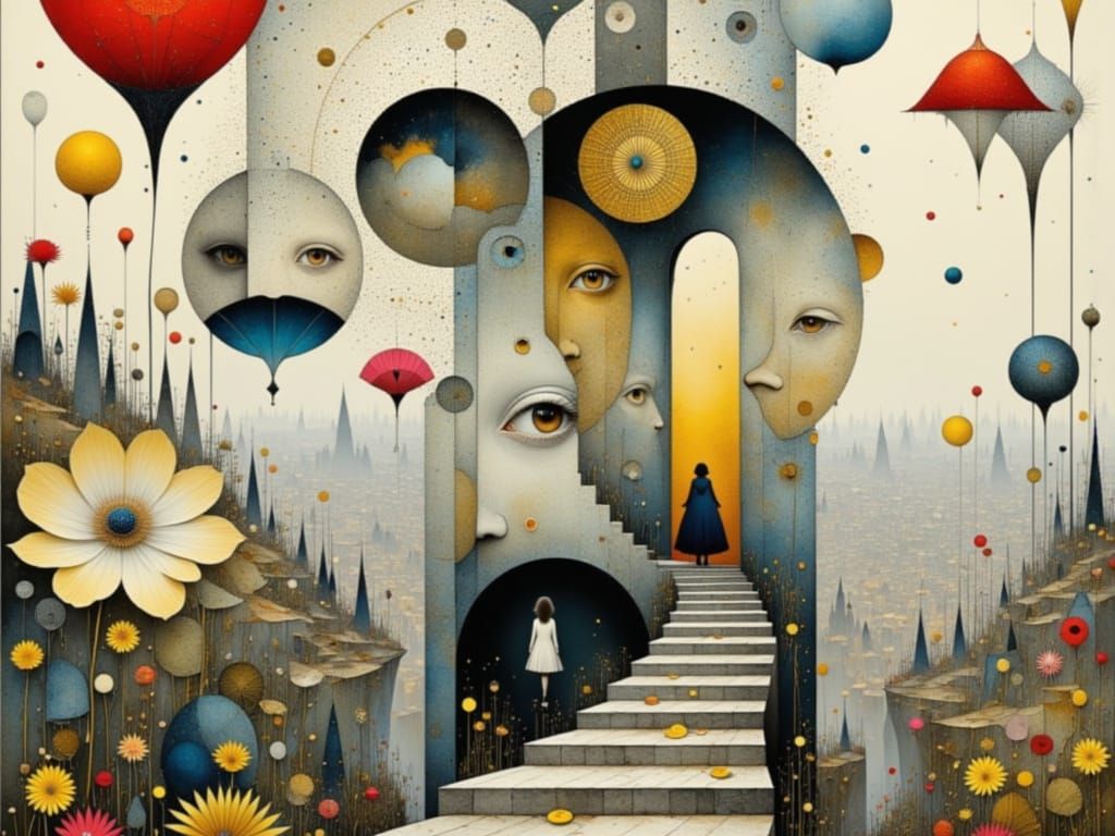 Escher-Inspired Wonderland Scene with Poppy Flowers and Carn...