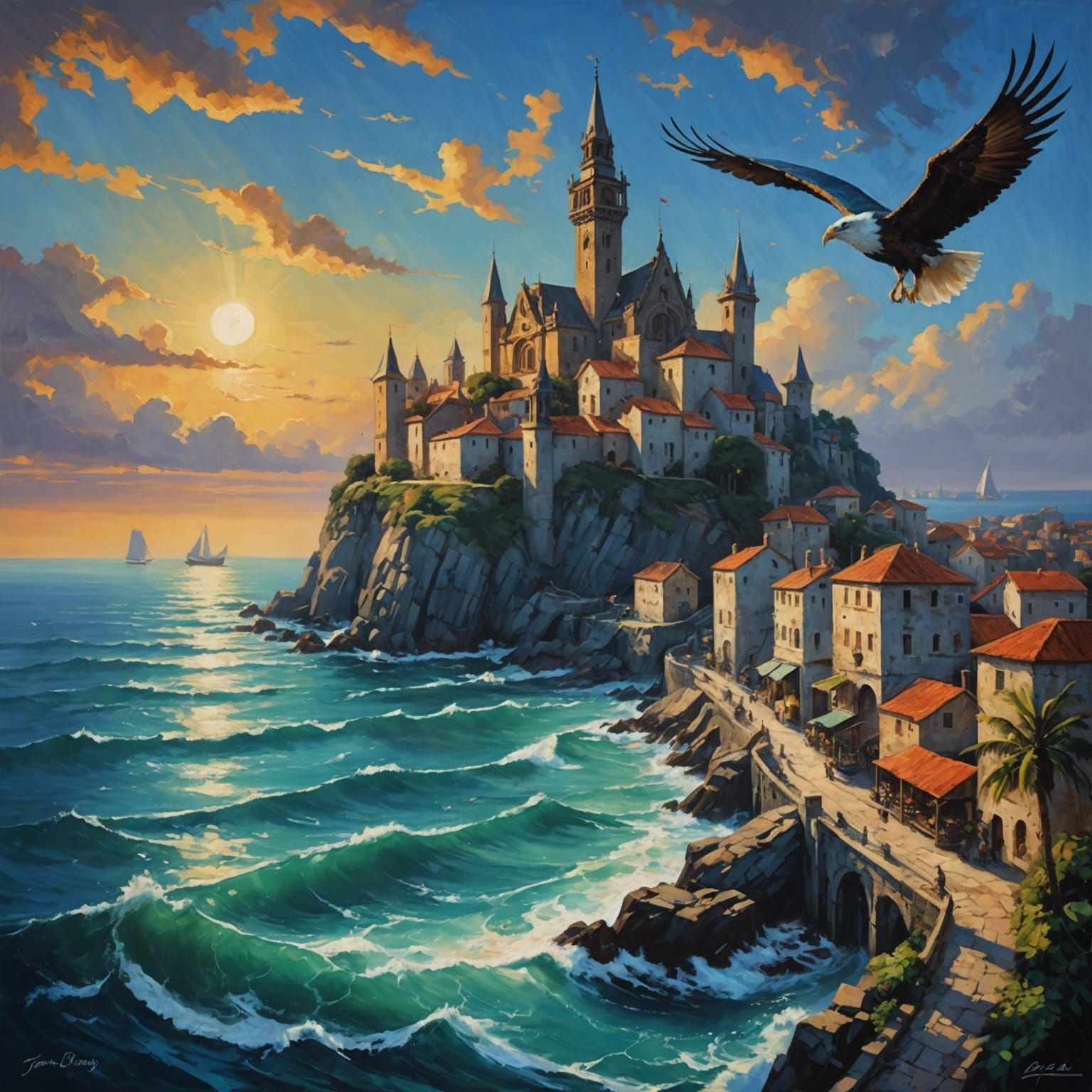 Fantasy City on the Ocean as Oil Painting