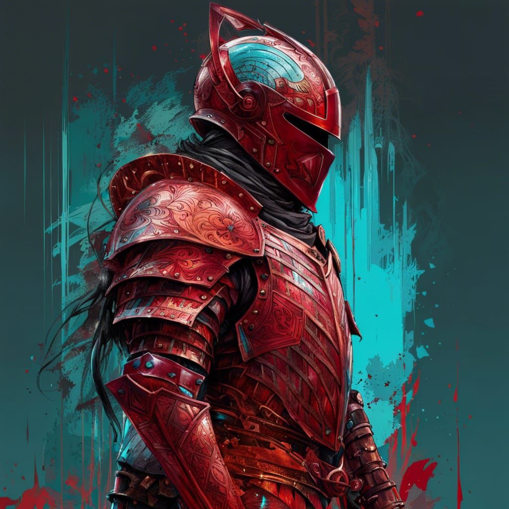 Intricate Knight in Cyan and Red Armor