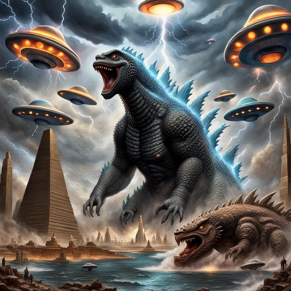 Godzilla and Monsters in Egypt with Flying Saucers