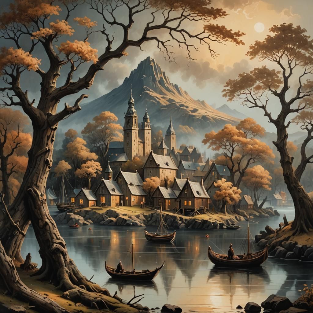Surreal Viking Harbor Illuminated by Golden Light