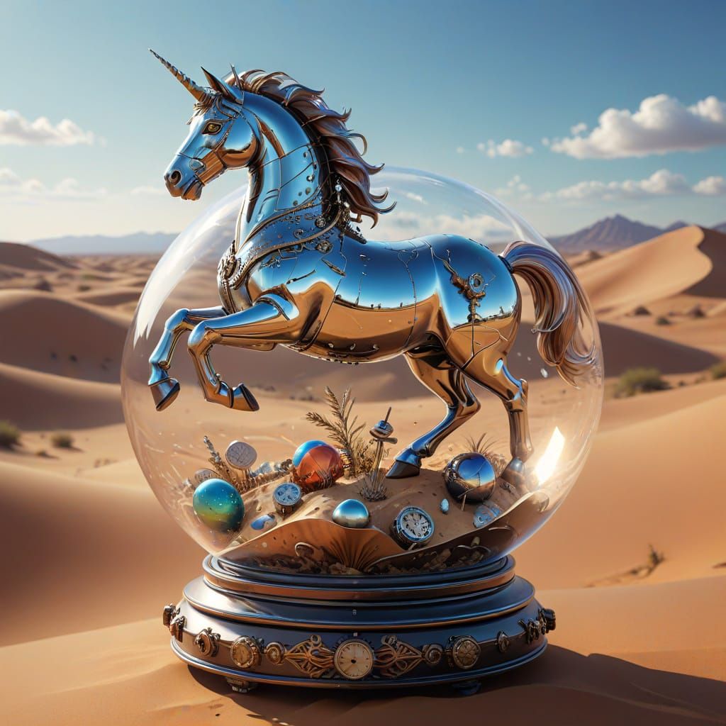 Clockwork Unicorn Gallops Through Surreal Checkered Desert
