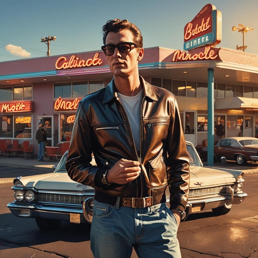 Buddy Holly Outside a Retro Diner: Digital Art