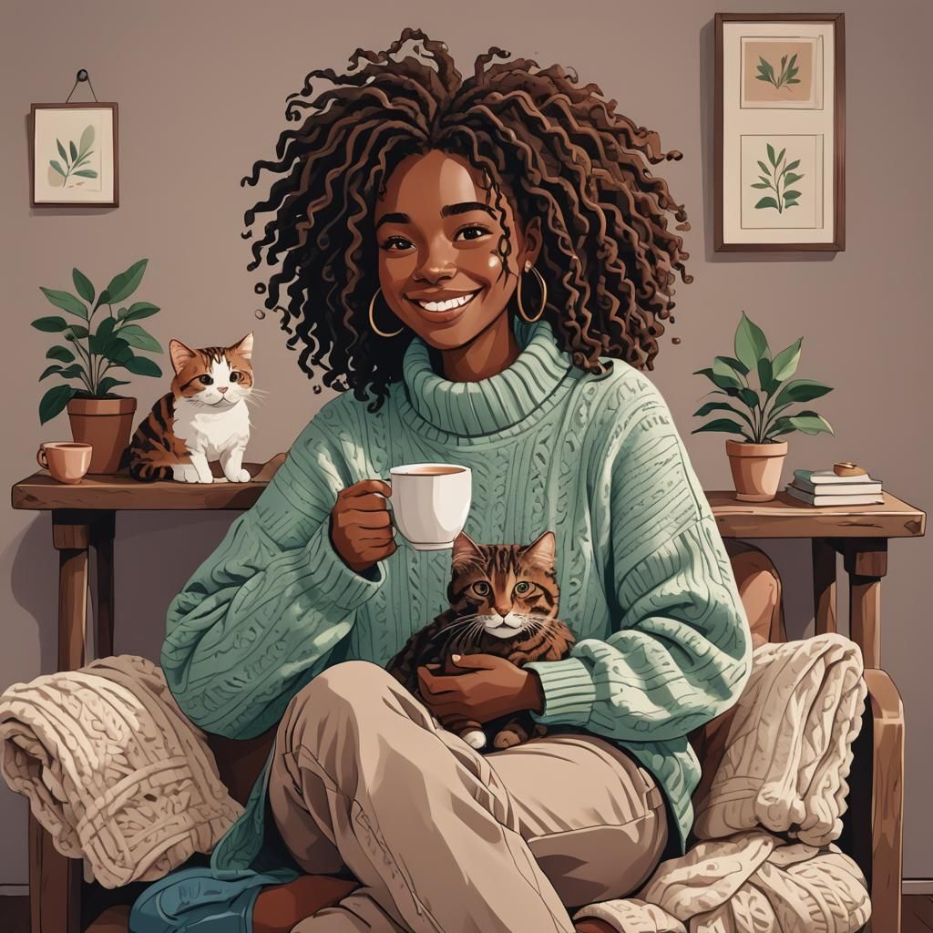 Woman with Cat and Tea in Flat Vector Style