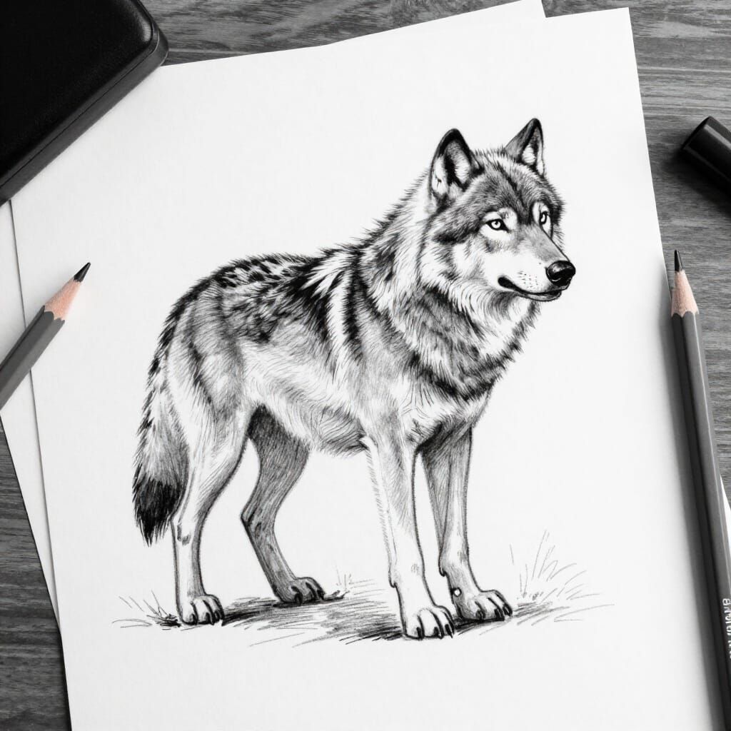 Black and White Wolf Sketch on Desk