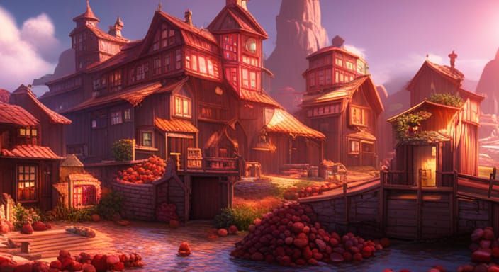 Strawberry Town: Detailed Matte Painting in 8k