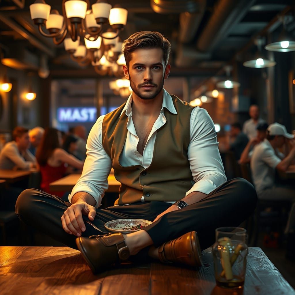 Seductive Moment in a Bustling Restaurant, Shot in Cinematic...