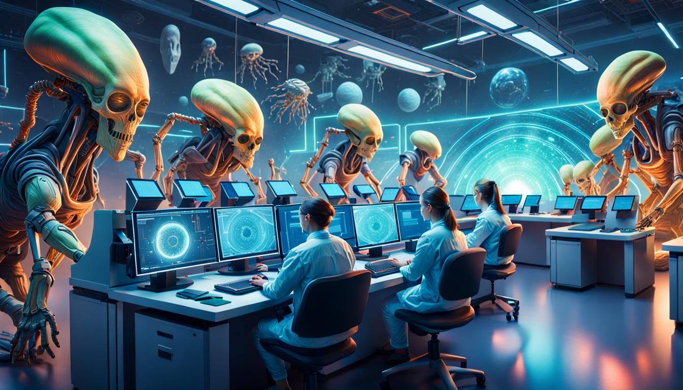 Scientist and Aliens Collaborate in Space Lab