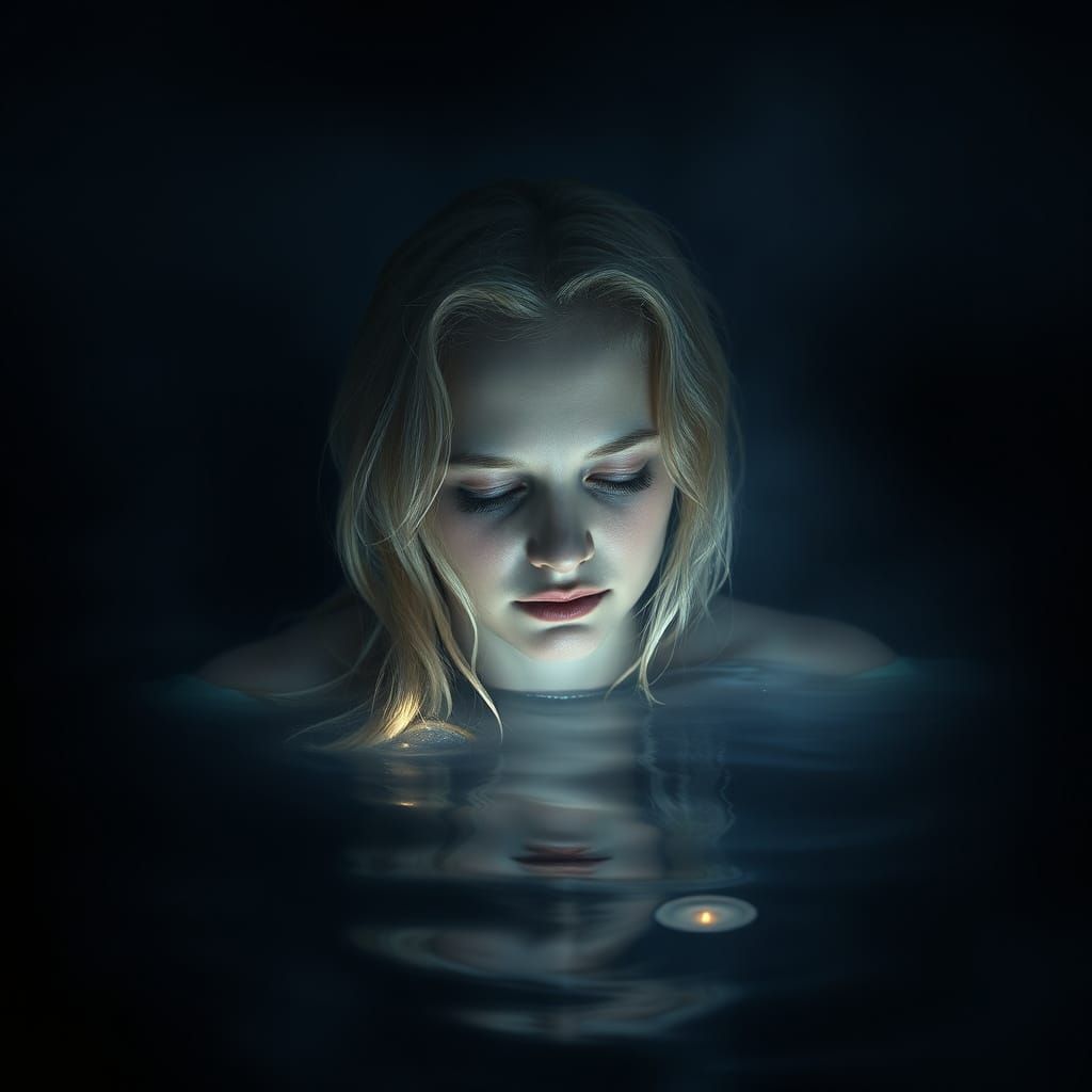 Melancholy Woman Sinks into Misty Lake