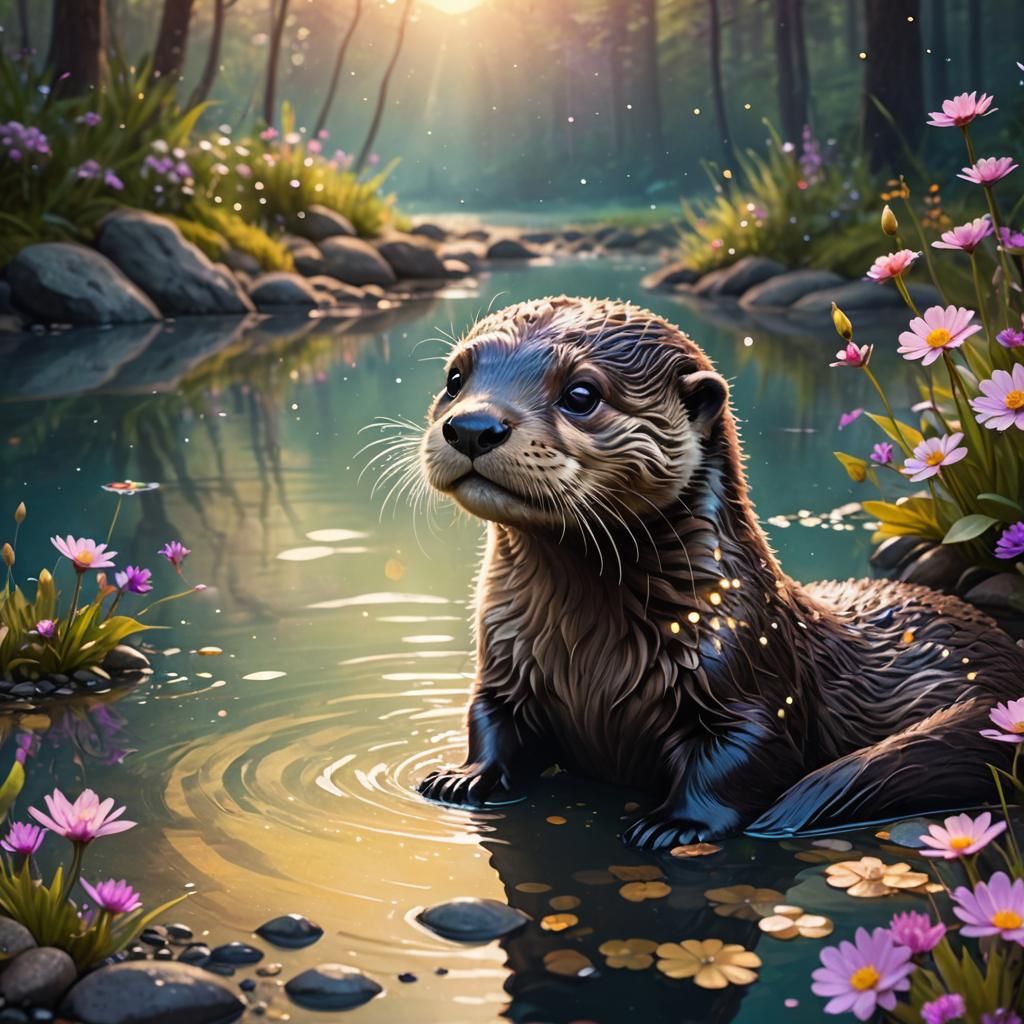 Enchanted Otter in Forest Lake: Hyperdetailed Illustration