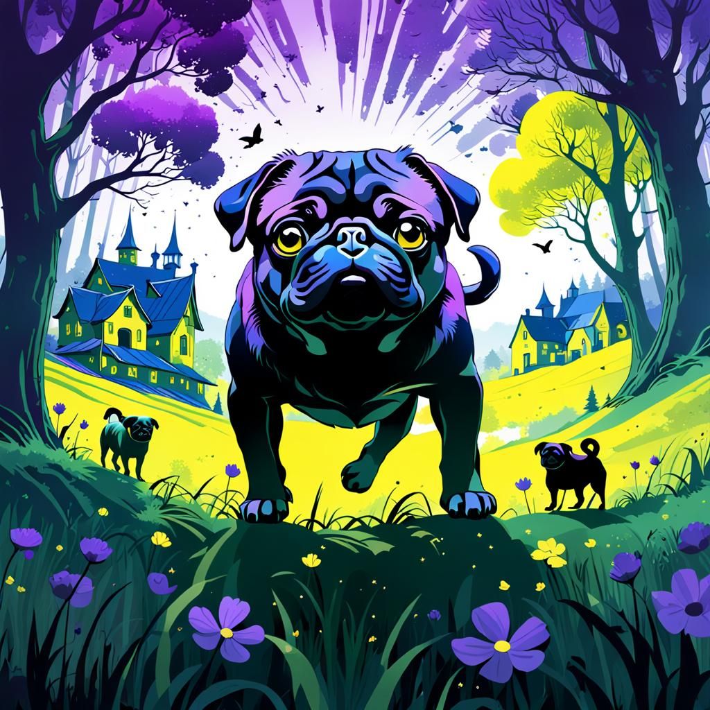 Fantasy Landscape with Pug Silhouette in Matte Painting Styl...