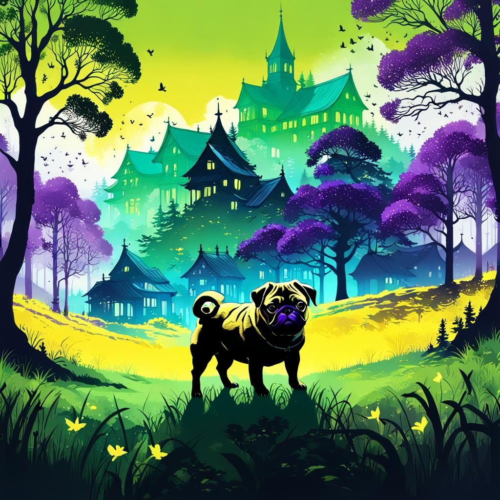 Pug Silhouette in Romantic Fantasy Landscape