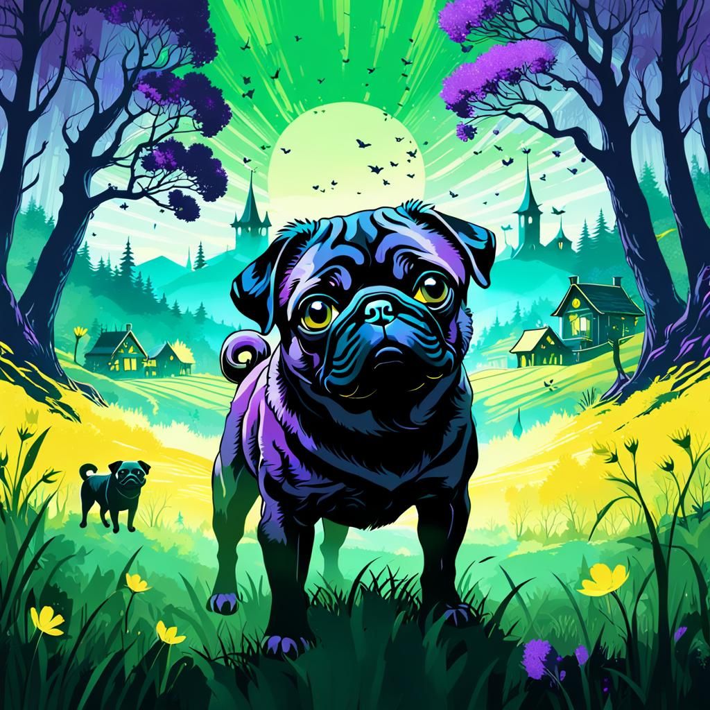Romantic Pug in Fantasy Landscape, Matte Painting