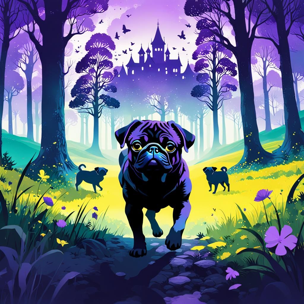 Fantasy Pug in Romantic Grainy Landscape